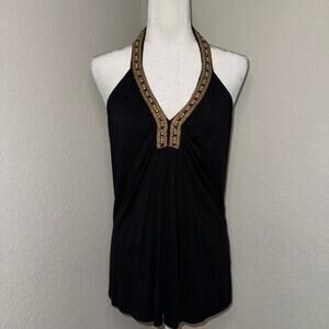 Vintage Y2K Beaded Halter Plunge Top Womens Large Strand Black Brown Boho Casual